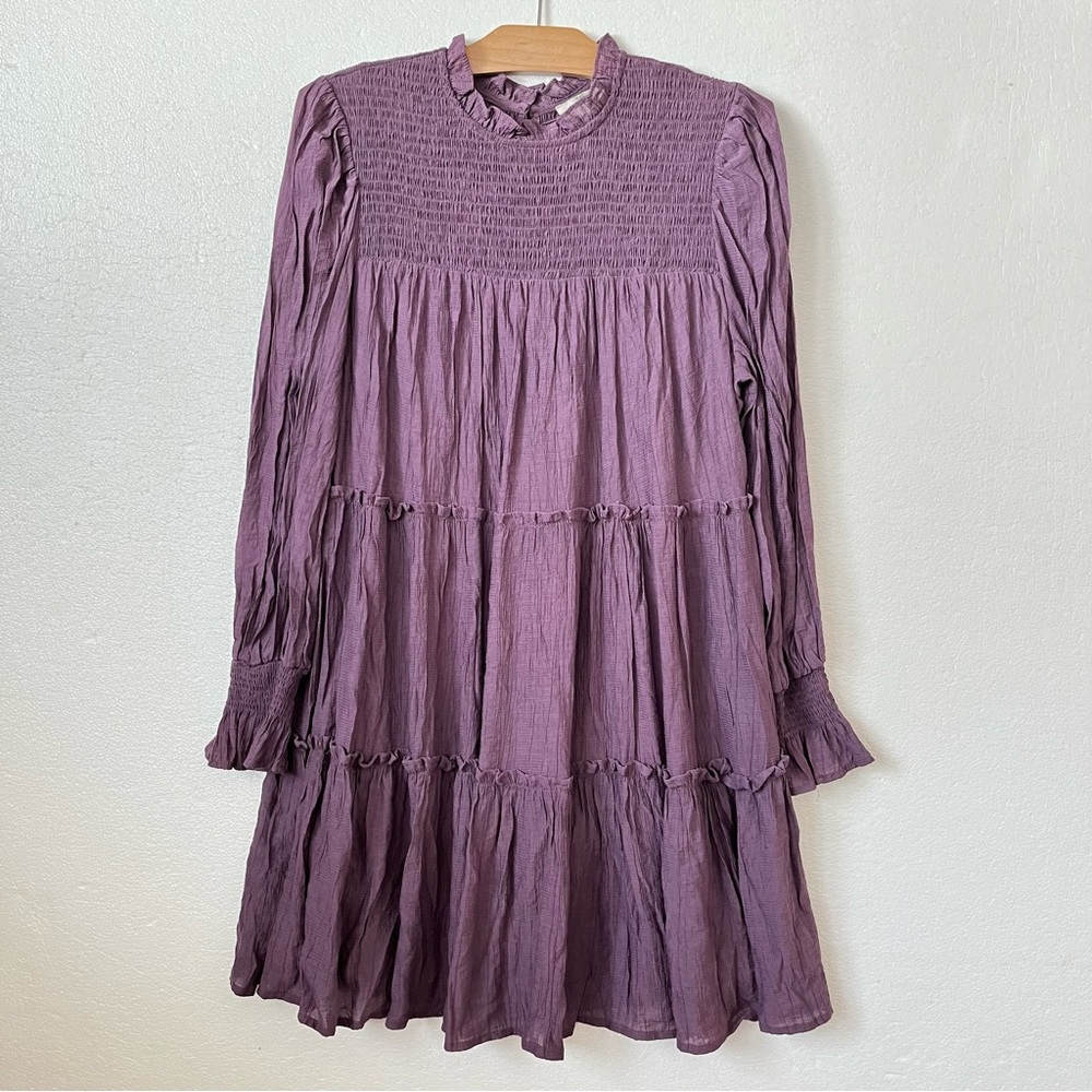 Entro Womens M Long Sleeve Tiered Dress Ruffle High Neck Smocked Purple